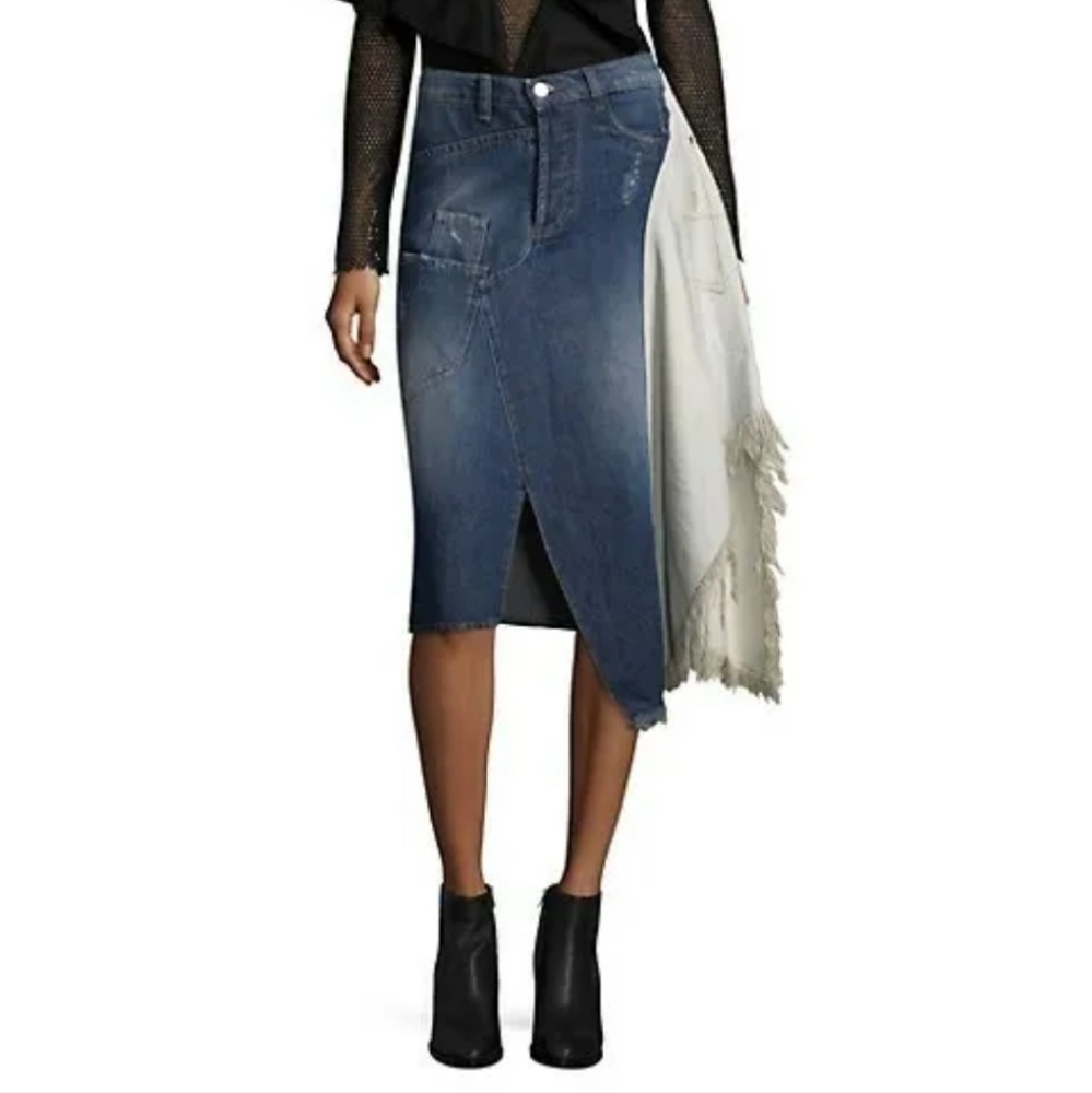 NWOT $465 EACH X OTHER Asymmetrical Destructed Denim Skirt XS 29" Waist